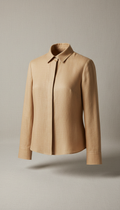 Warm Sand tailored blouse, Default to 3/4 angle on garments worn by model against a seamless linen backdrop in 'Soft...