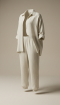 Ivory Linen lounge set, Use a 3/4 camera angle focusing on the product as the hero, capturing the fabric's texture and...