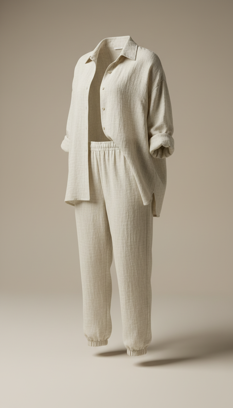 Ivory Linen lounge set, Use a 3/4 camera angle focusing on the product as the hero, capturing the fabric's texture and...