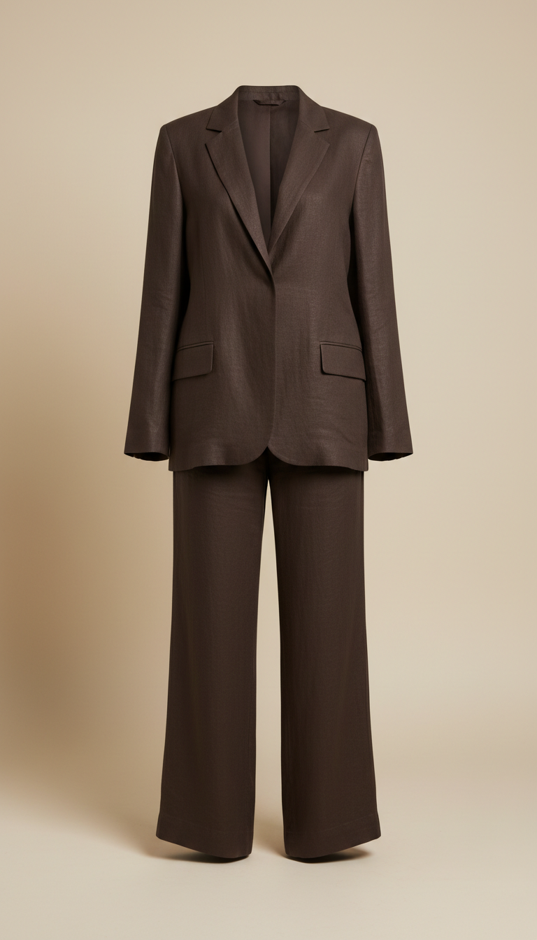 Midnight brown tailored linen set, Three-quarter angle for hero shots, capturing garment flow and silhouette against a...