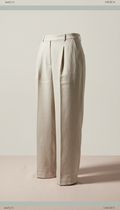 Oat linen tailored pants, Single product per image, positioned at a 3/4 angle to reveal both silhouette and subtle garment...