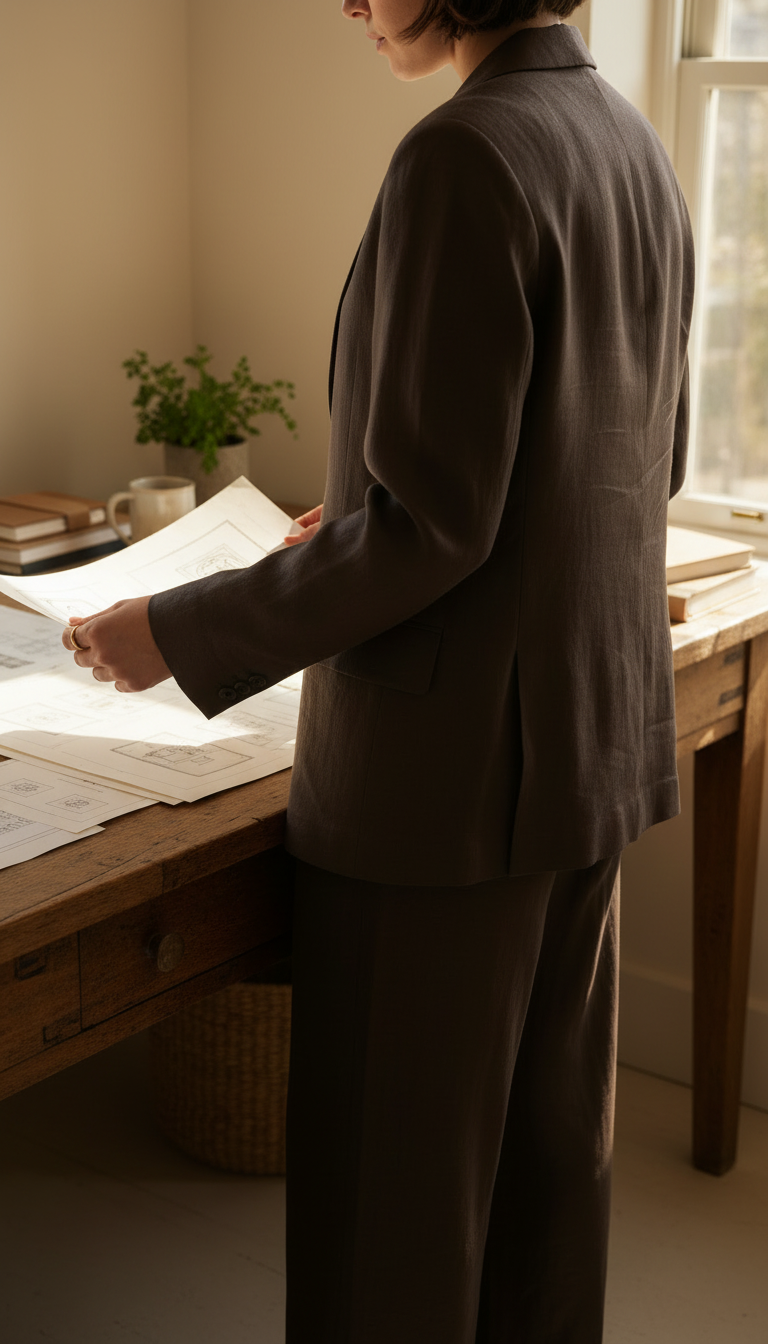 Tailored Linen Set in Midnight Brown in use