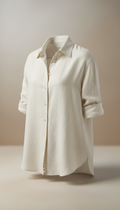 A premium linen shirt in Linen White, highlighting the fabric's texture and natural drape. The lighting is soft and even,...