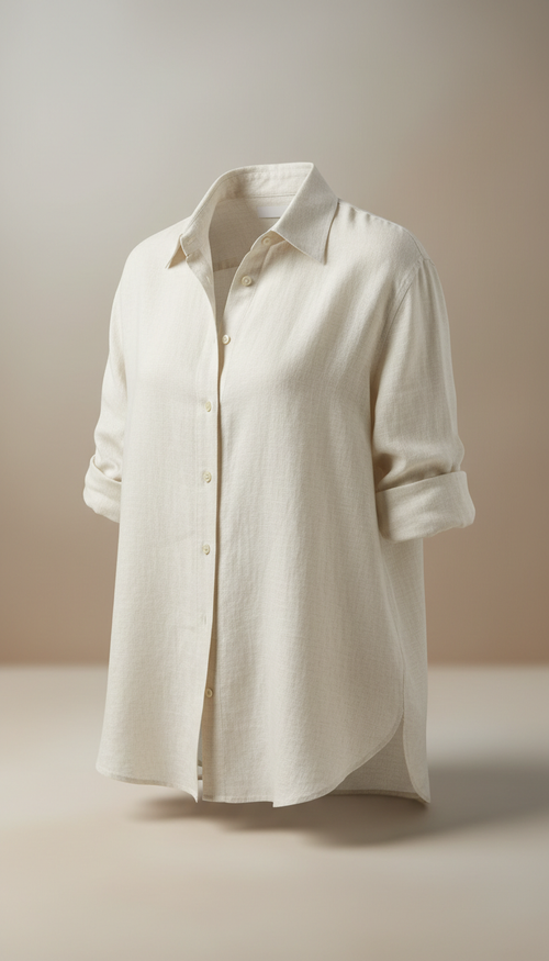 A premium linen shirt in Linen White, highlighting the fabric's texture and natural drape. The lighting is soft and even,...