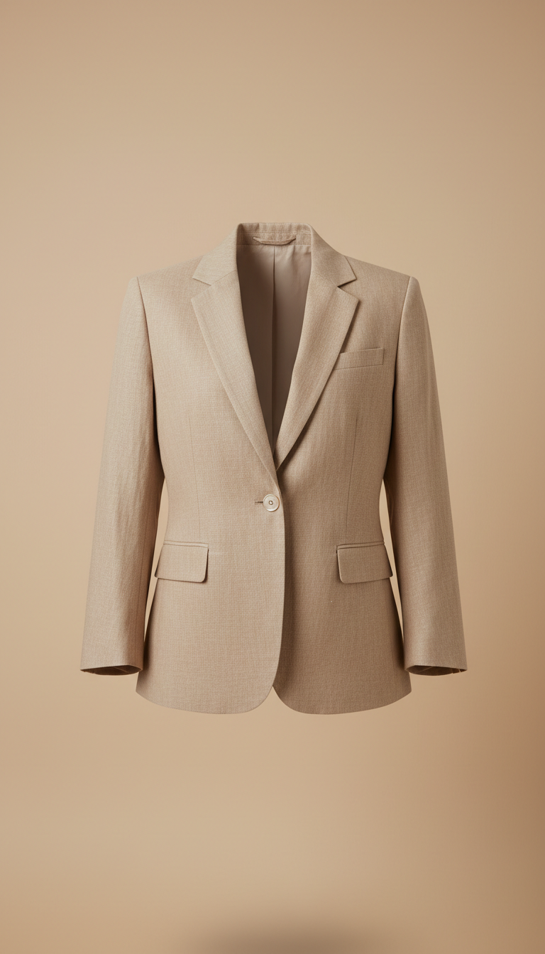 Classic linen blazer, 3/4 angle as default—garments displayed on body against a seamless Warm Stone or Muted Almond...